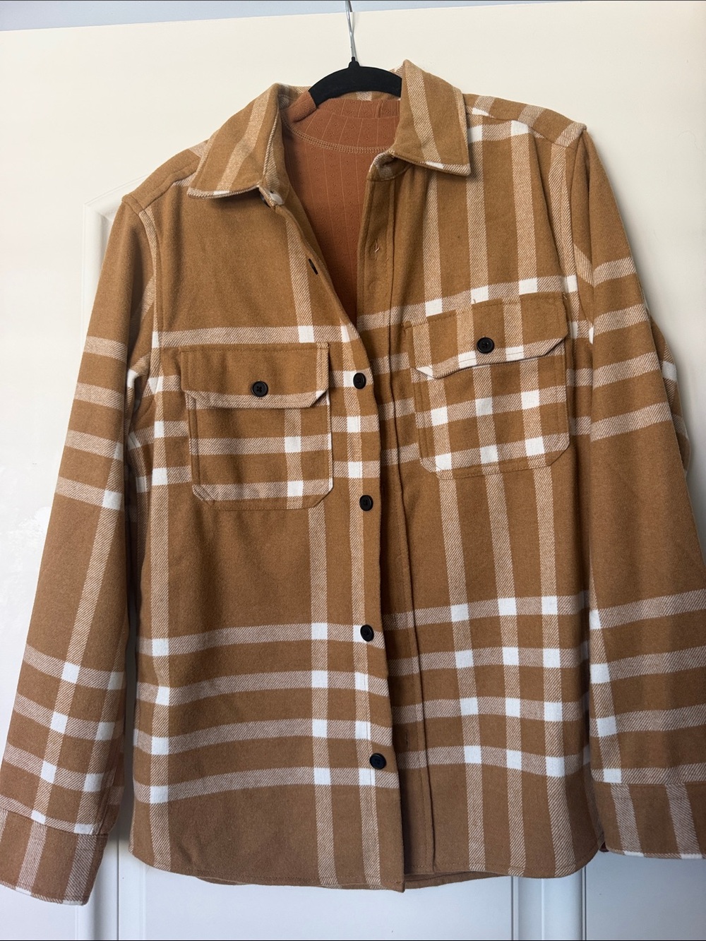 Women’s Plaid Shacket Jacket - Camel & White